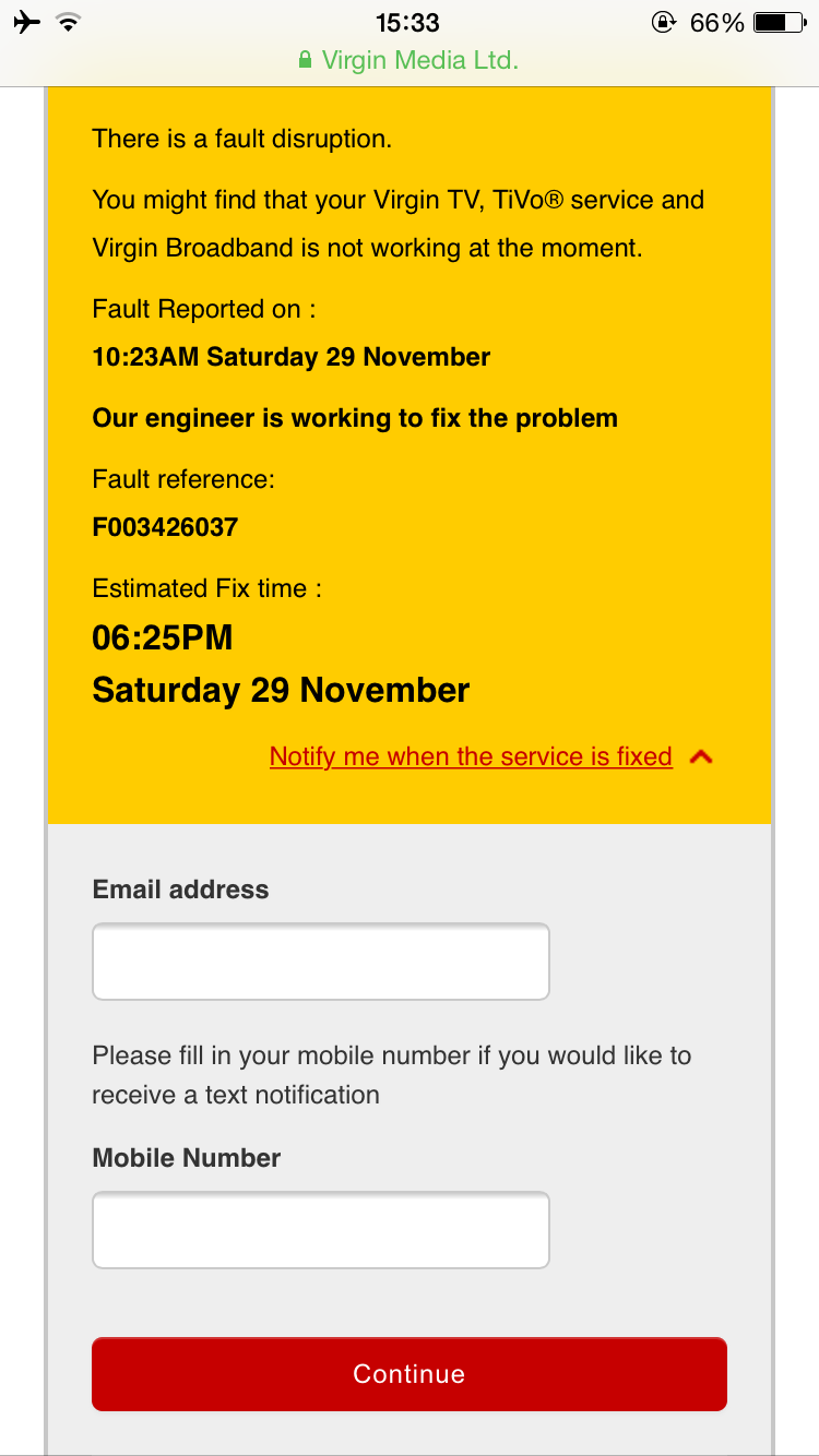 Screenshot of Virgin Media status with alerts dialog